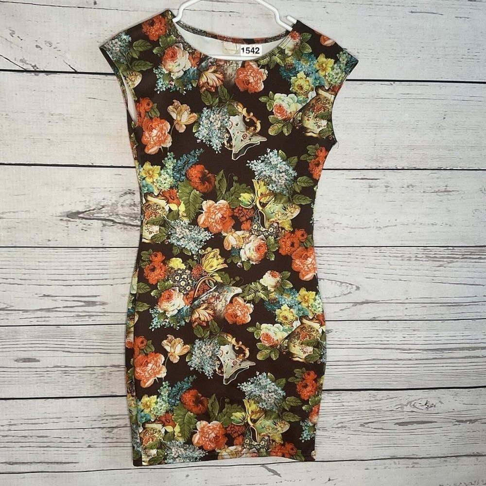 Narinporn Floral Brown/Green/Red Bodycon‎ Mini Dress Women M China Machine Wash